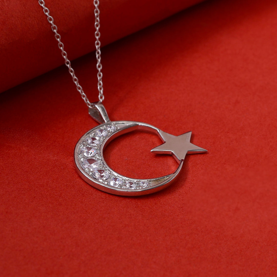 925 Silver Crescent Moon & Star Necklace | Women's Jewelry Gift