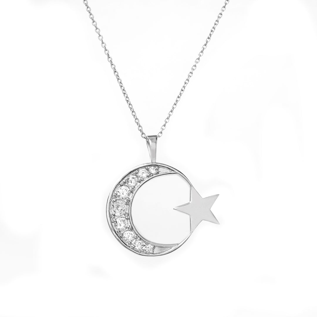 925 Silver Crescent Moon & Star Necklace | Women's Jewelry Gift