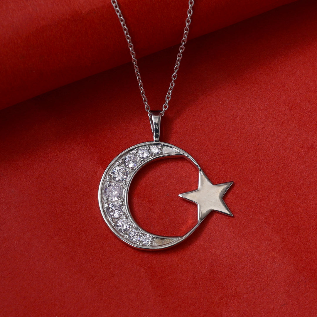 925 Silver Crescent Moon & Star Necklace | Women's Jewelry Gift