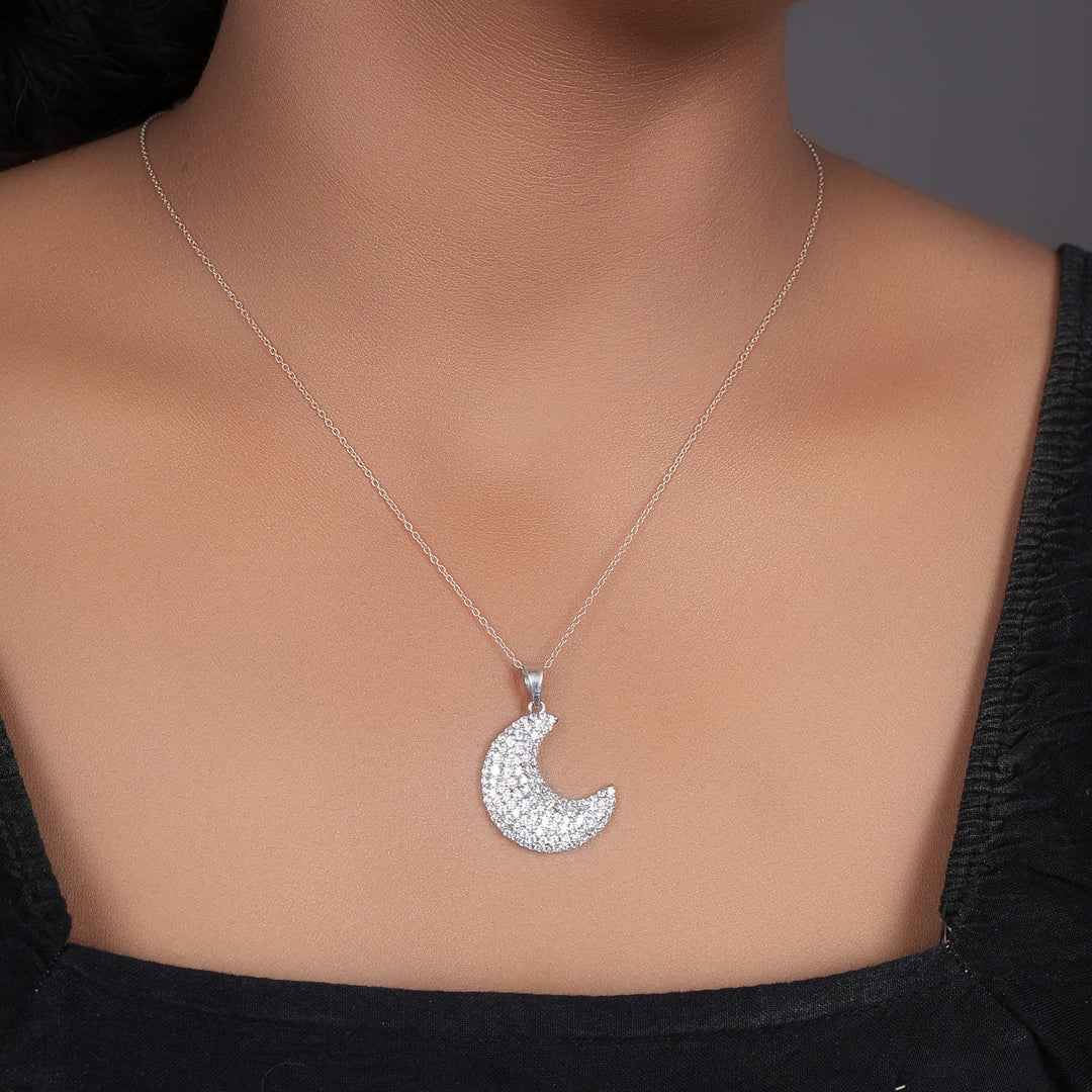925 Silver Cubic Zirconia Crescent Moon Necklace for Women