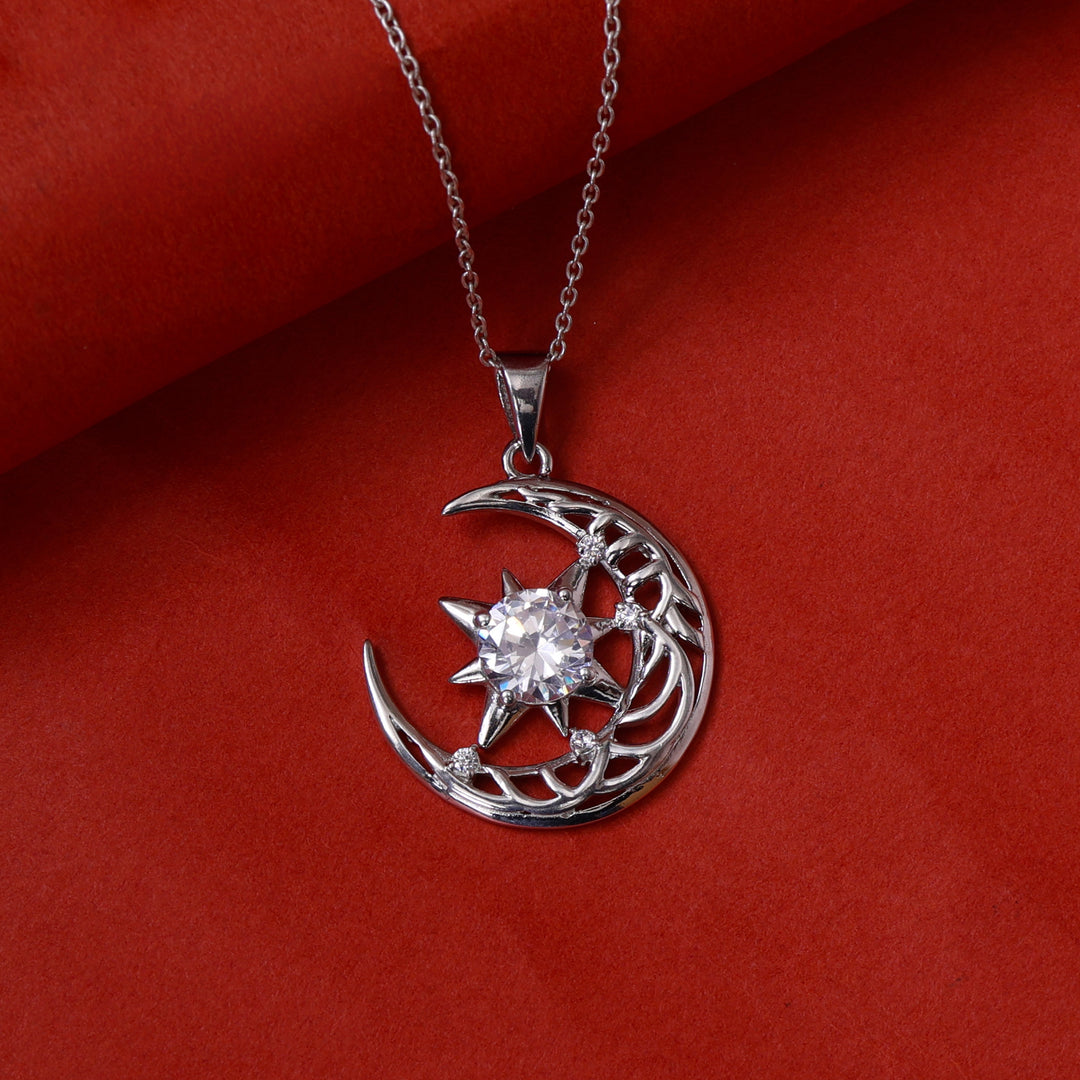 925 Silver Crescent Moon & Star Pendant Necklace for Women