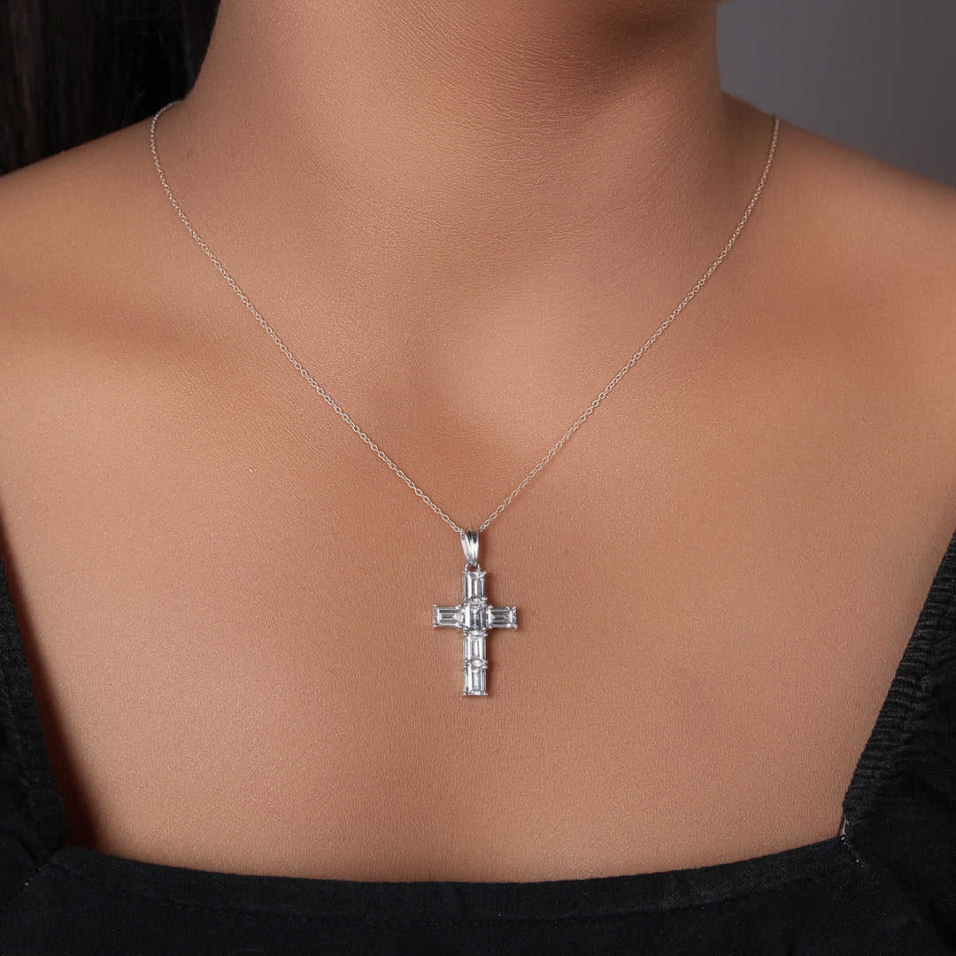 Silver Baguette Cut Cross Pendant Necklace | Women's Gift