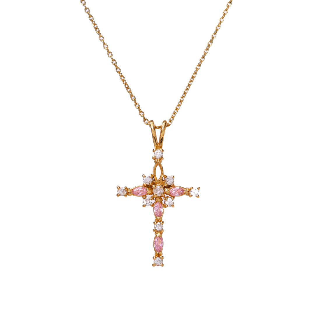 gold plating Cross Necklace with Pink Gemstones | Women's Pendant
