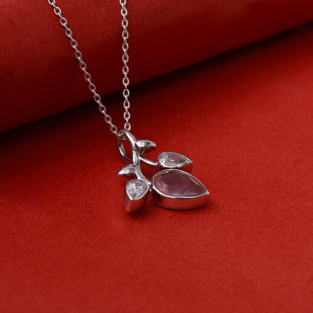 925 Silver Rose Quartz Leaf Pendant Necklace for Women