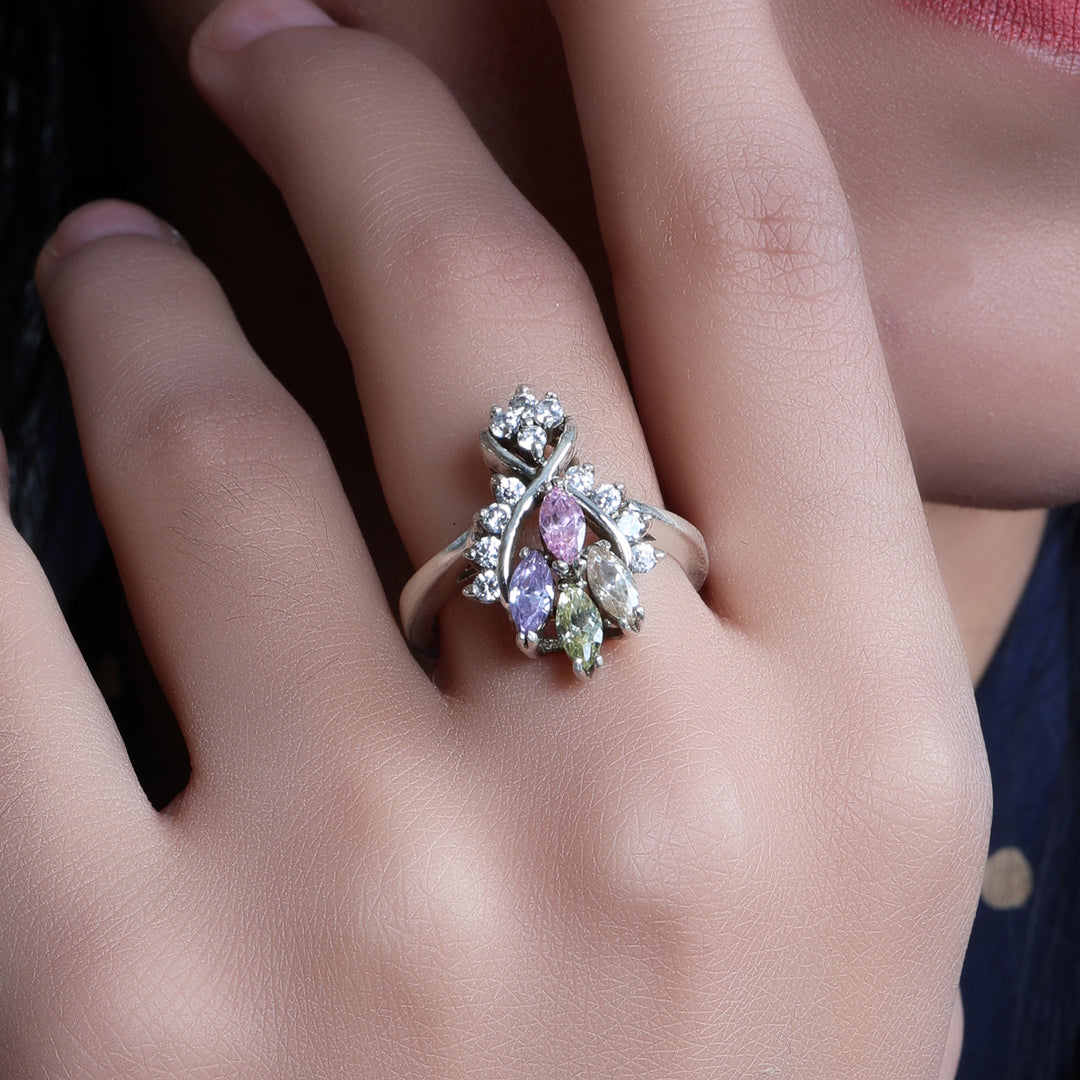 Silver Flower Ring with Gemstones | Women's Ring | Gift for Her
