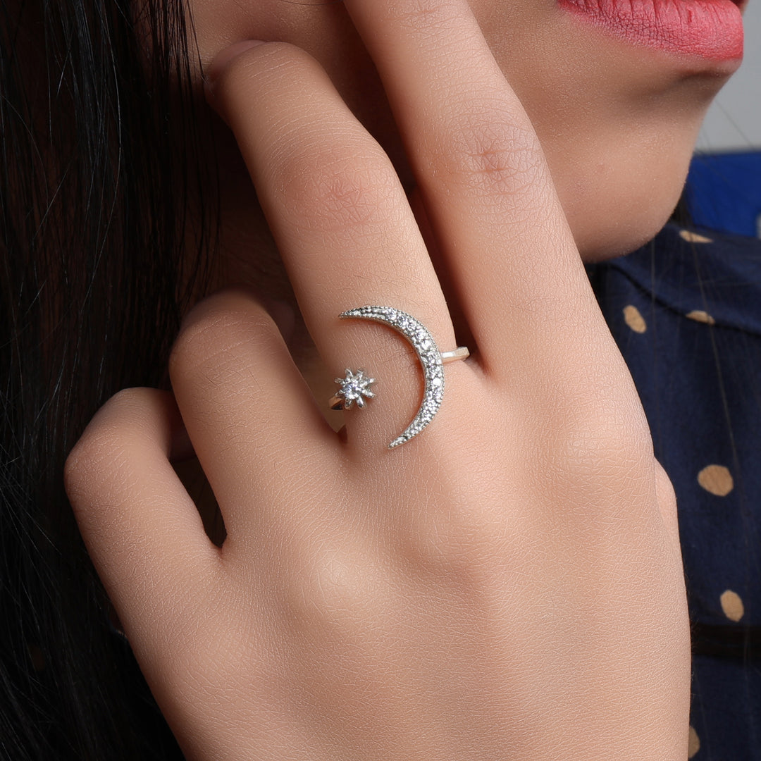 925 Silver Moon & Star Ring for Women | Dainty Jewelry