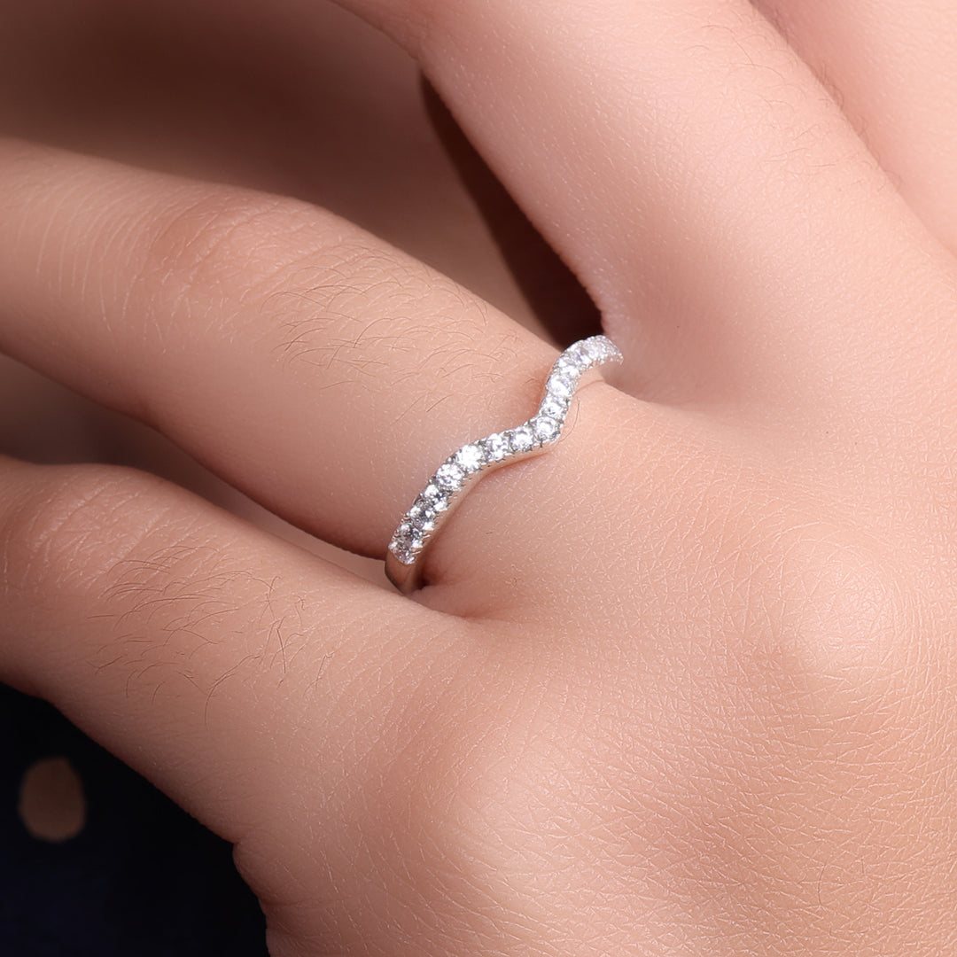 Silver Curved Pave Ring for Women | Diamond Accent Ring