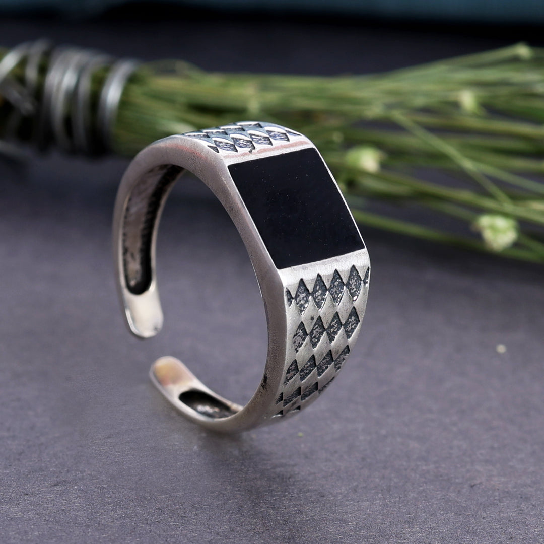 Oxidized Silver Adjustable Ring with Black Onyx Center | Men's Band