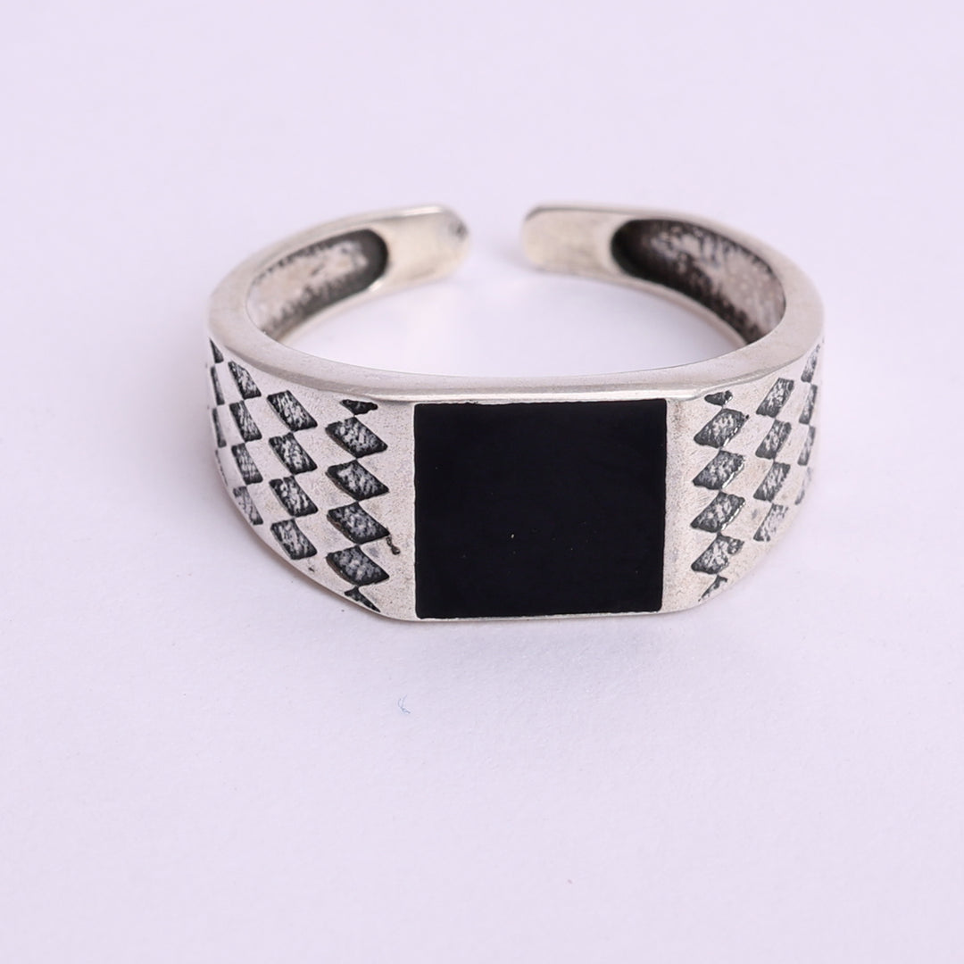 Oxidized Silver Adjustable Ring with Black Onyx Center | Men's Band