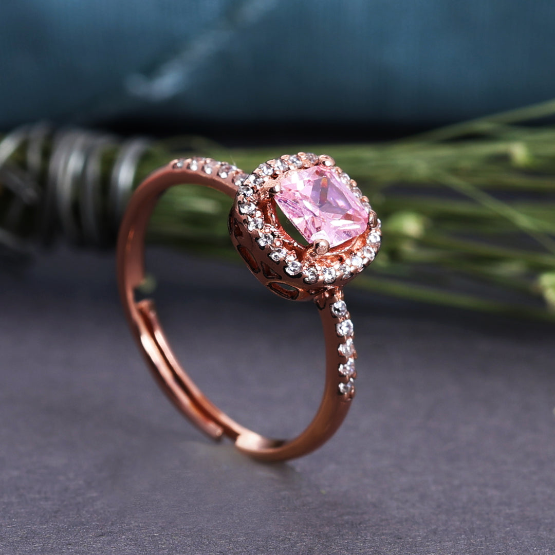 Rose Gold Plated Adjustable Ring with Pink Cushion Cut Stone and Halo