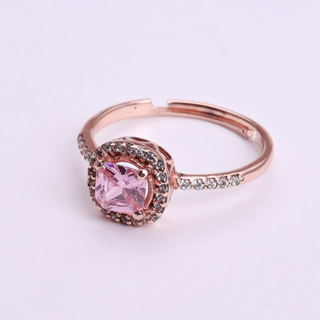 Rose Gold Plated Adjustable Ring with Pink Cushion Cut Stone and Halo