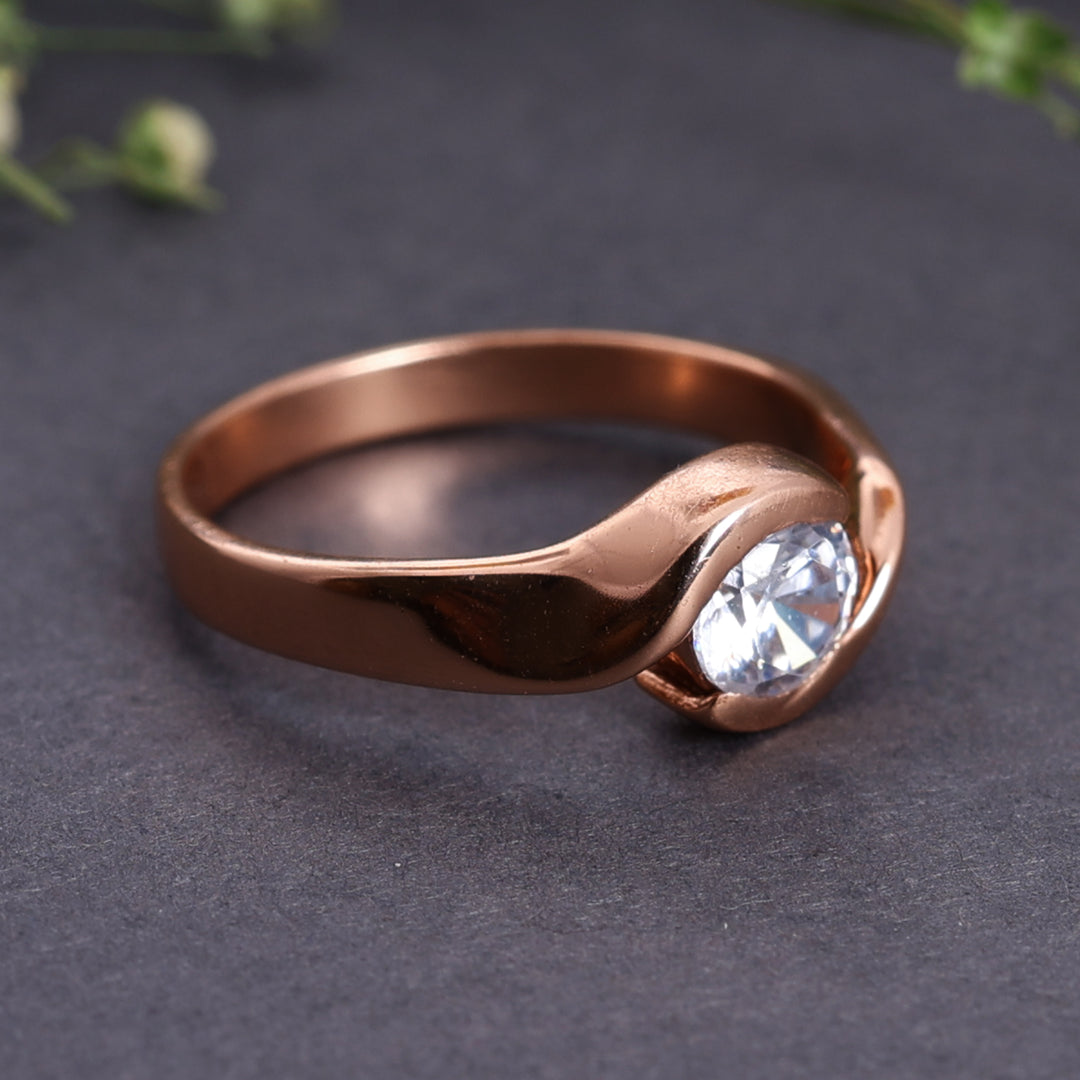 Rose Gold Plated Solitaire Ring with White Cubic Zirconia Stone for Women