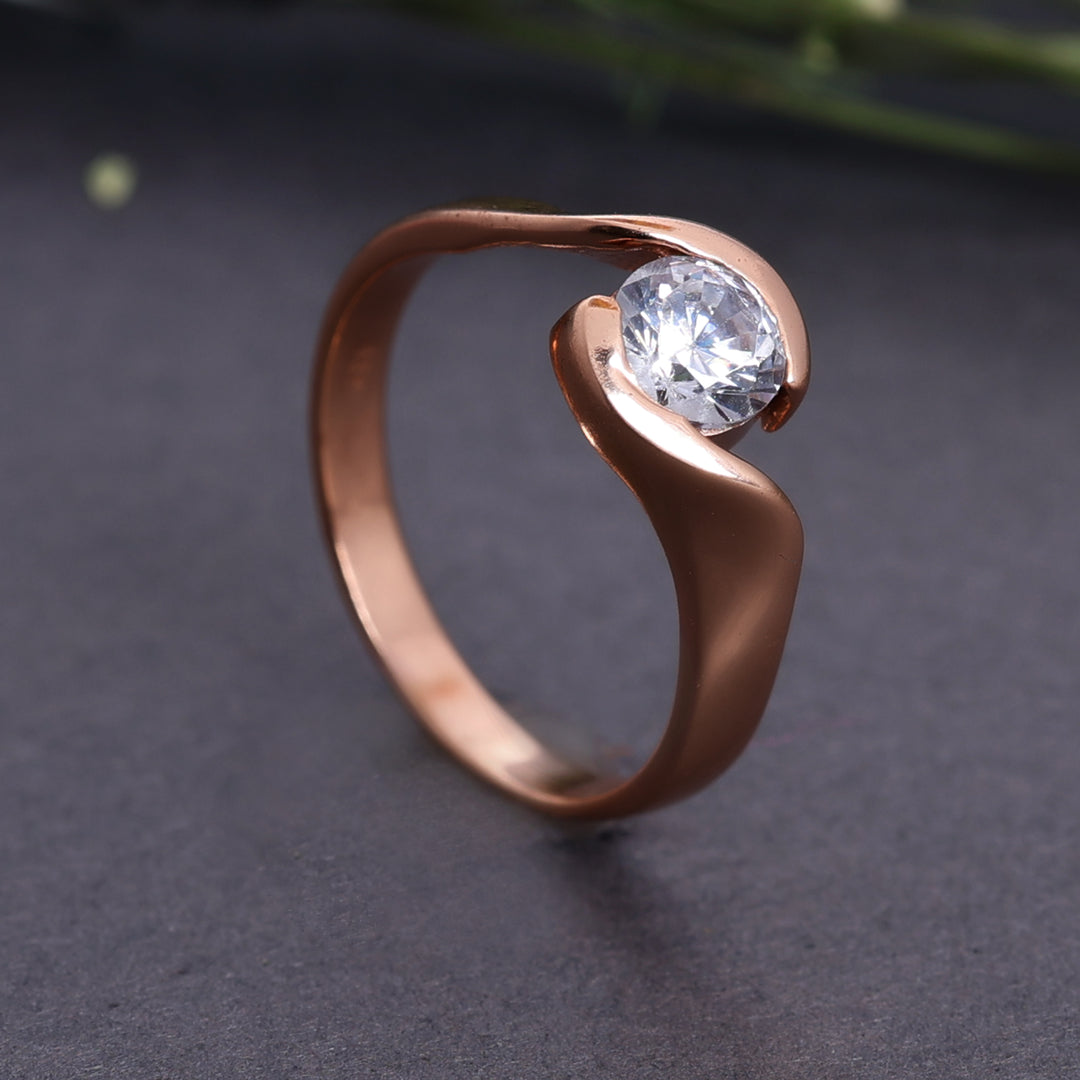 Rose Gold Plated Solitaire Ring with White Cubic Zirconia Stone for Women
