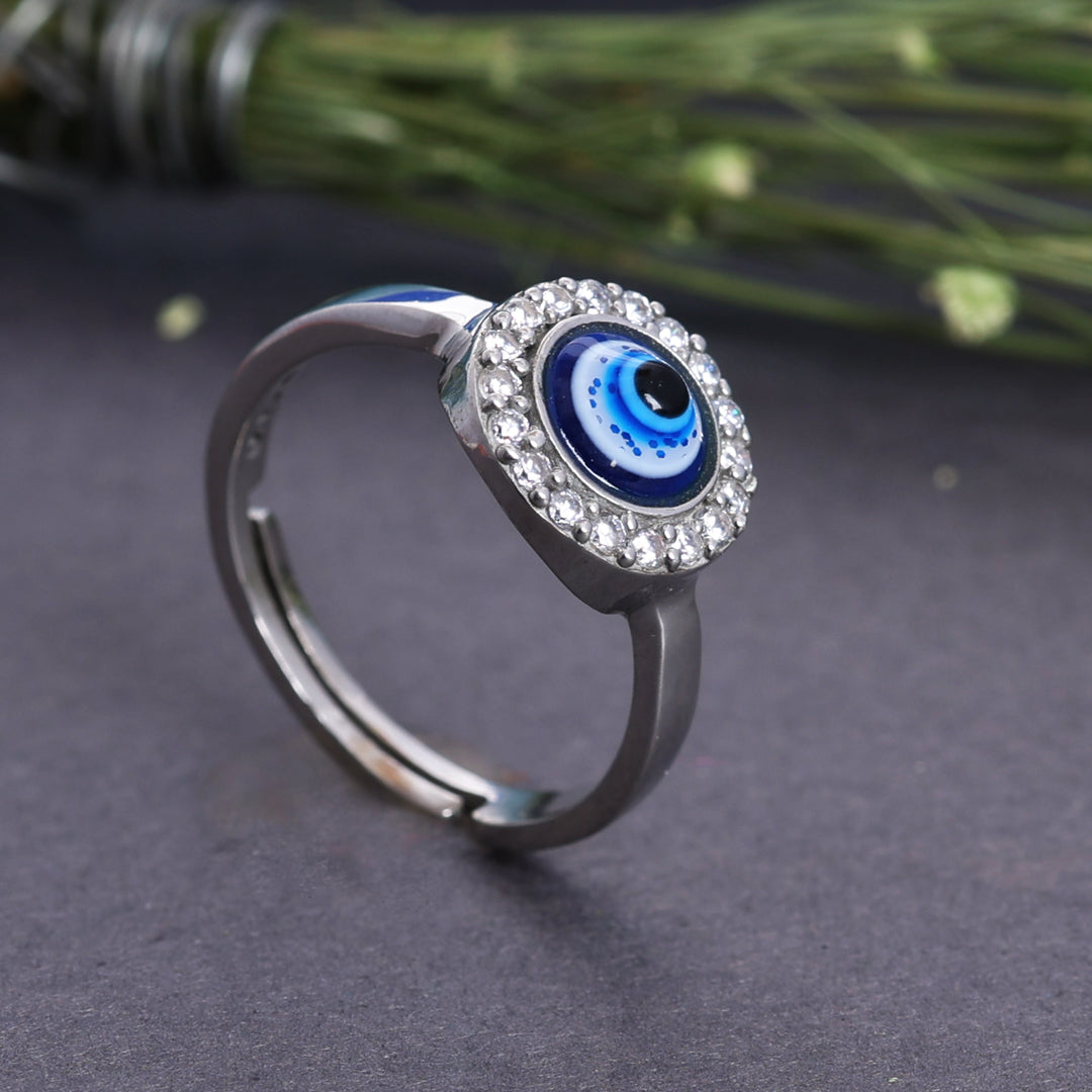 Sterling Silver Adjustable Evil Eye Ring with CZ Accents for Women