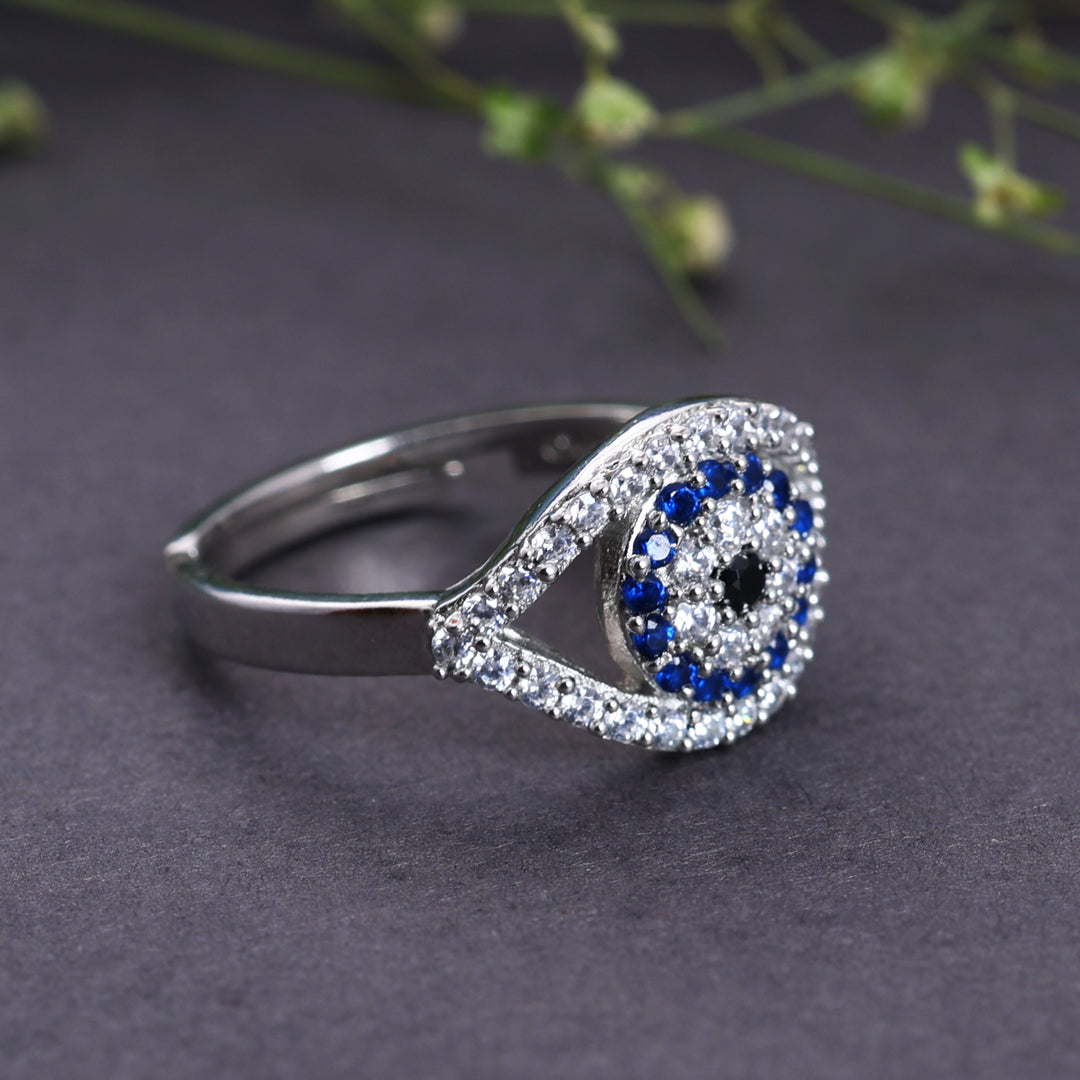 925 Sterling Silver Evil Eye Adjustable Ring with Blue CZ Stones