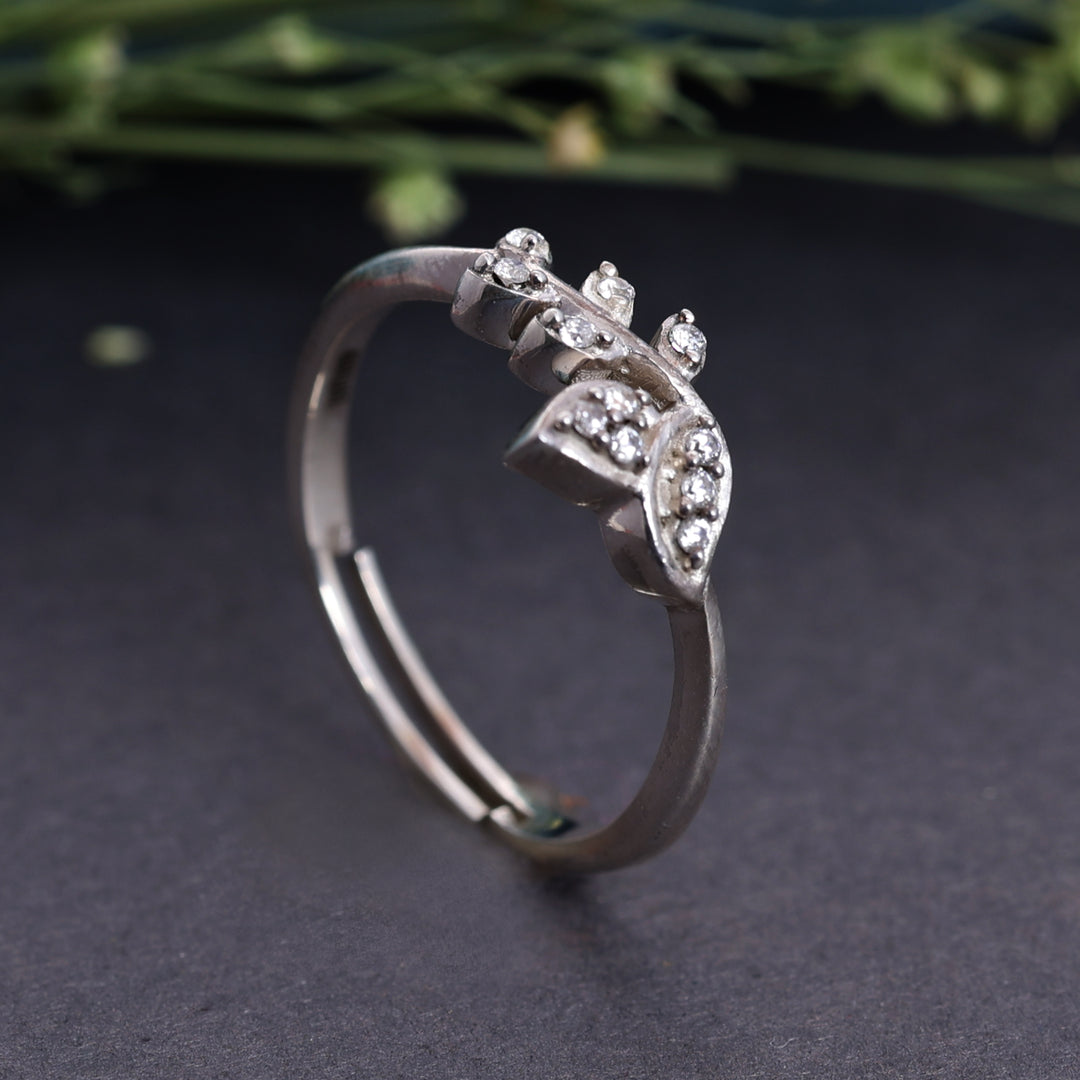925 Sterling Silver Adjustable Open Ring with Cubic Zirconia Accents