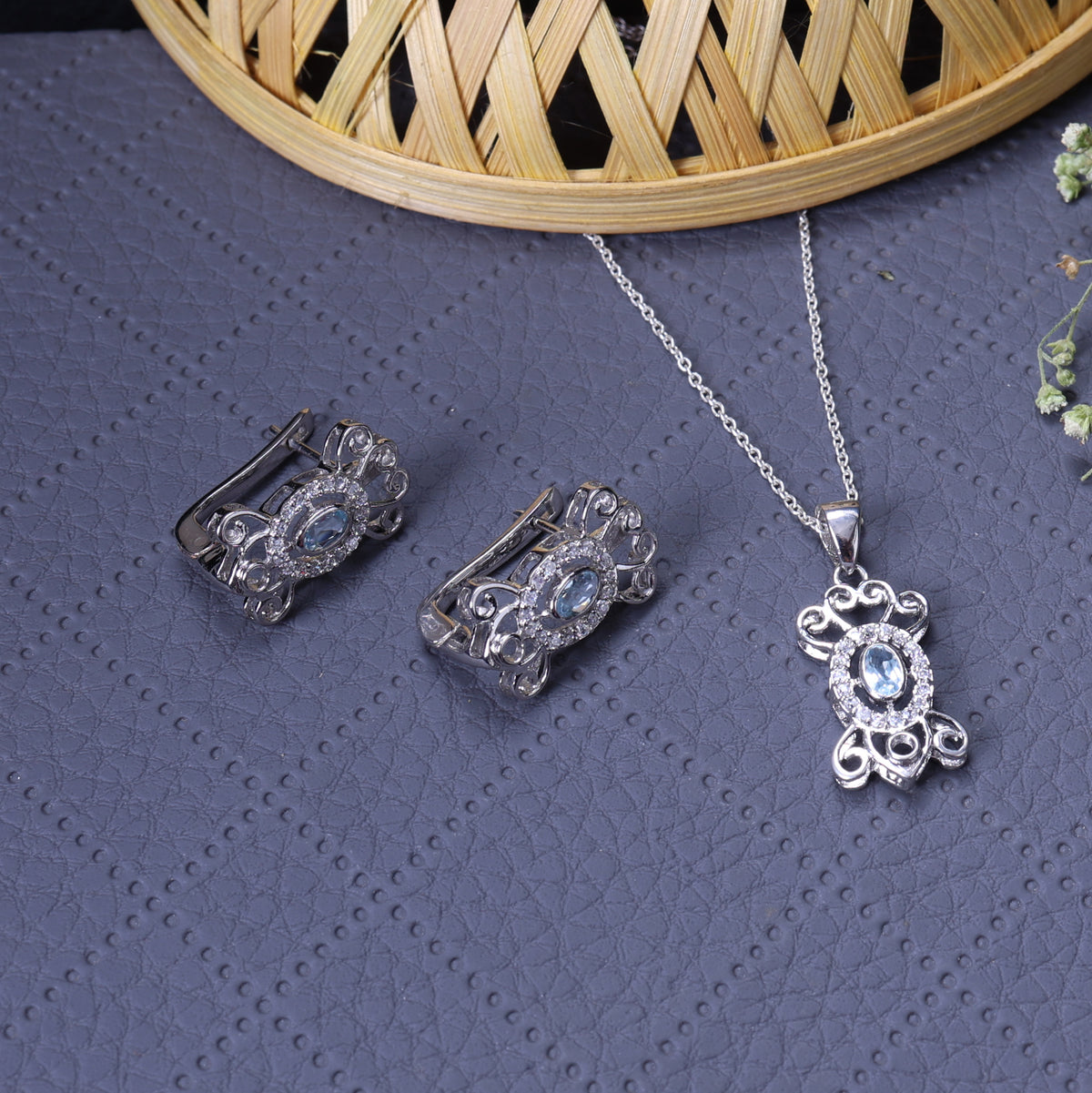 925 silver blue gemstone necklace & earrings set for women