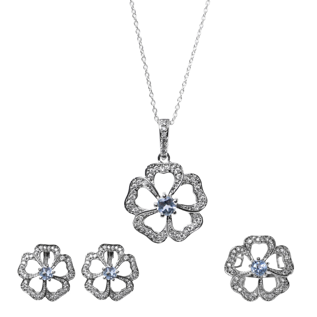 925 Silver Flower Jewelry Set with Blue Gemstone | Women's Gift