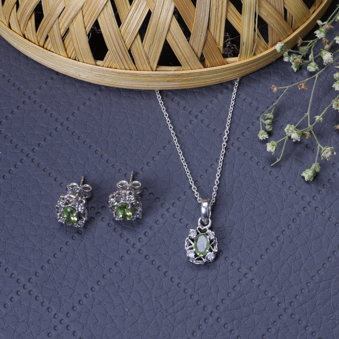 925 Silver Peridot Jewelry Set | Earrings & Necklace | Gift