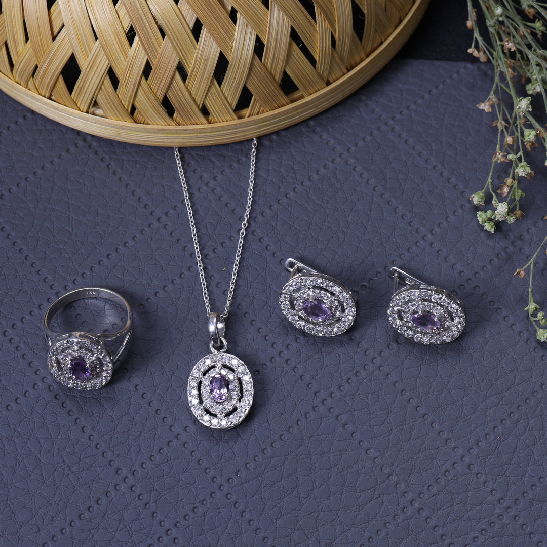 925 Silver Amethyst Jewelry Set | Stud Earrings, Pendant, Ring