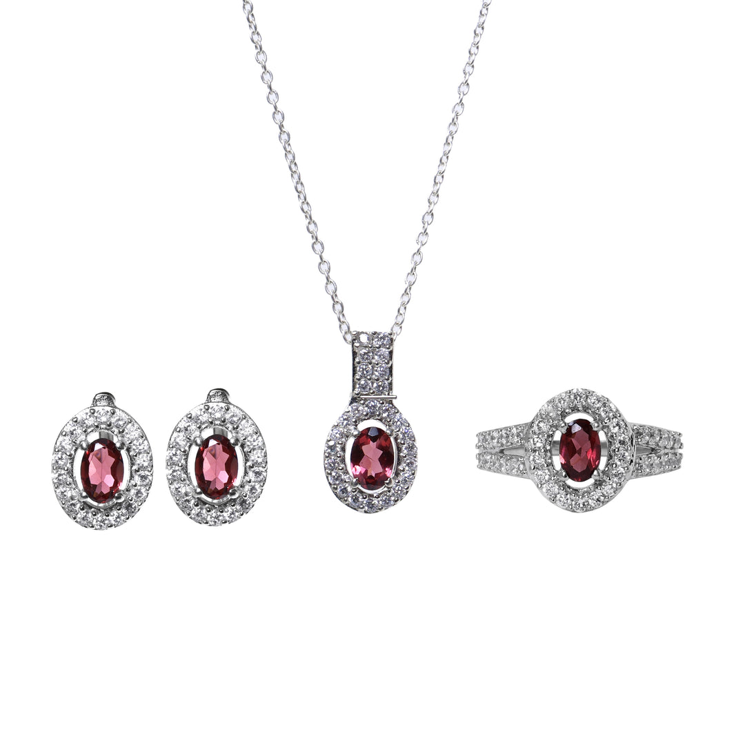Silver Ruby Jewelry Set | Earrings, Necklace, Ring | Gift