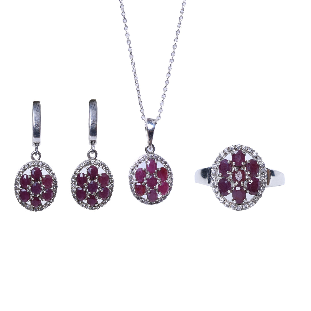 925 Silver Ruby Jewelry Set | Earrings, Necklace & Ring for Women