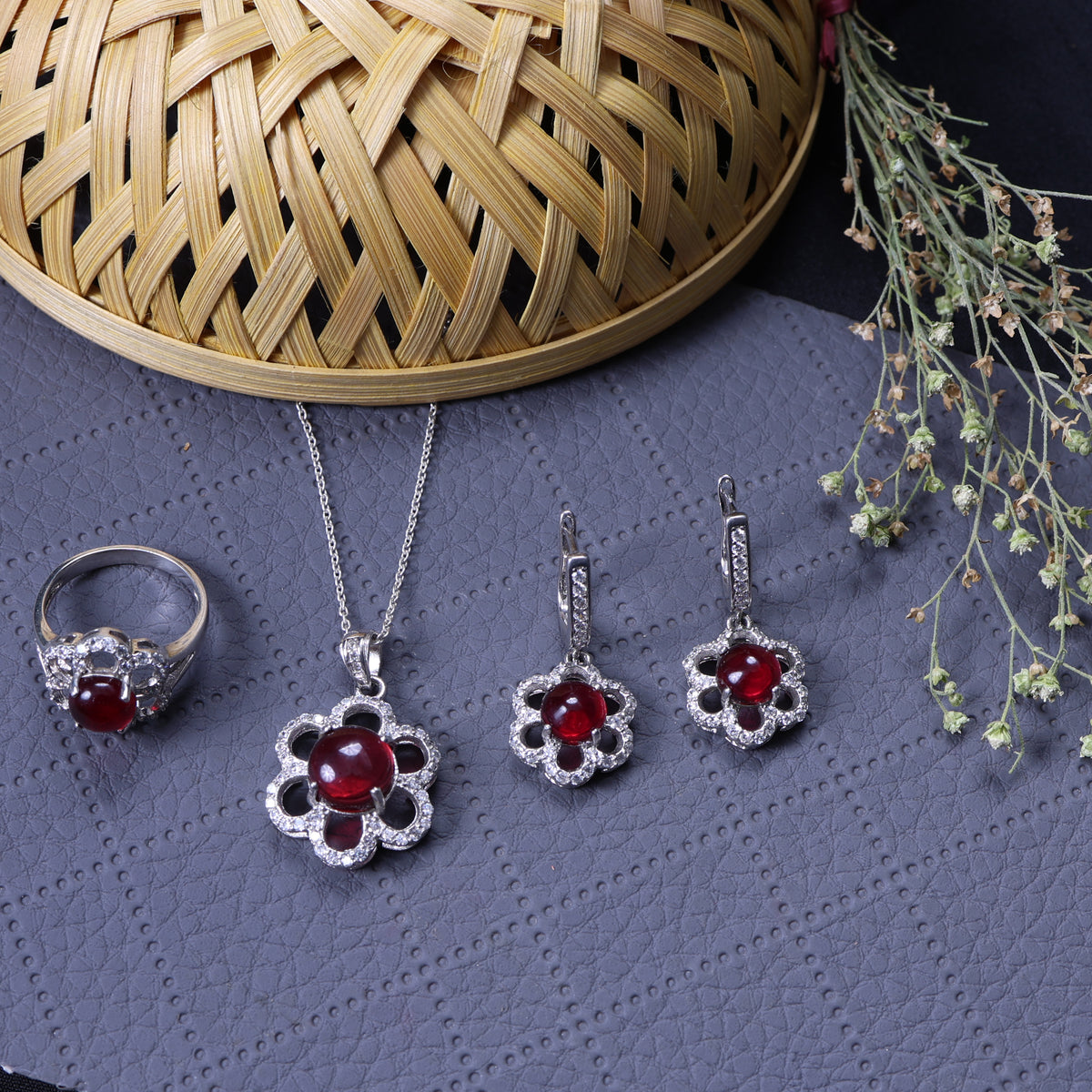 925 silver pink gemstone flower jewelry set for women | gift