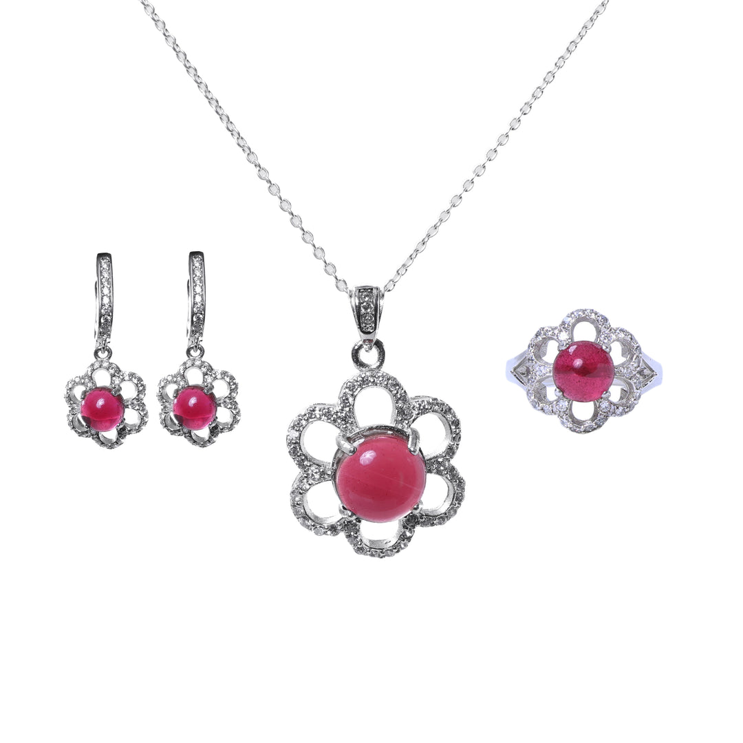 925 Silver Pink Gemstone Flower Jewelry Set for Women | Gift