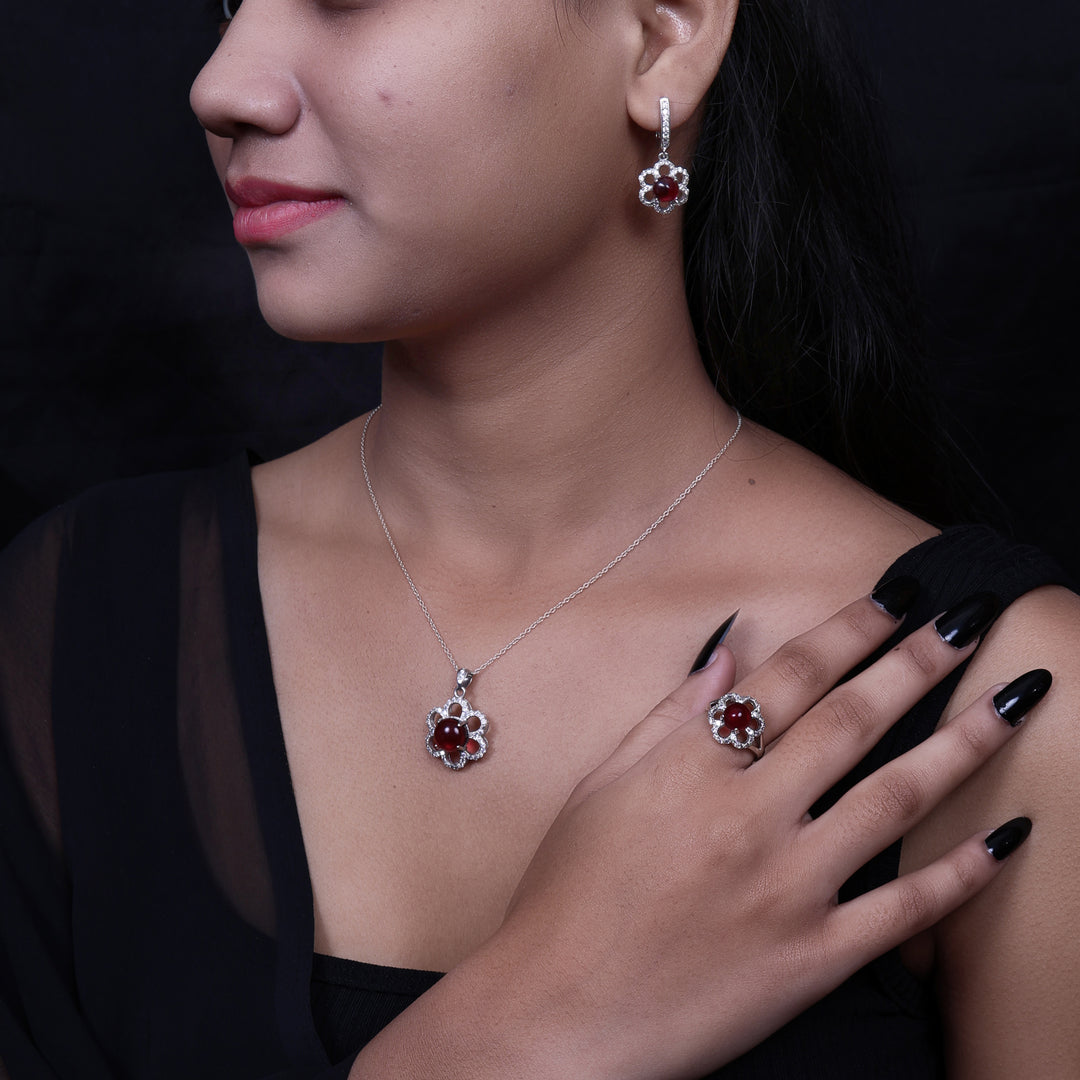 925 Silver Pink Gemstone Flower Jewelry Set for Women | Gift