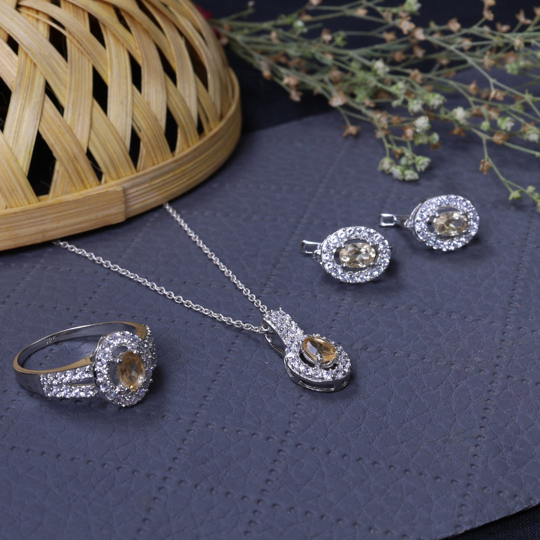 Silver Citrine Jewelry Set | Earrings, Pendant, Ring for Women