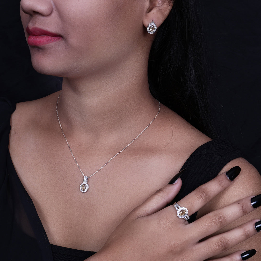 Silver Citrine Jewelry Set | Earrings, Pendant, Ring for Women